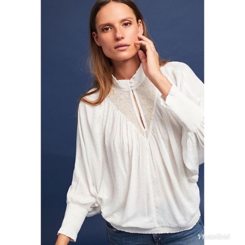 Anthropologie Feather Bone Edda High neck Gauzy Batwing Blouse Ivory Size Small